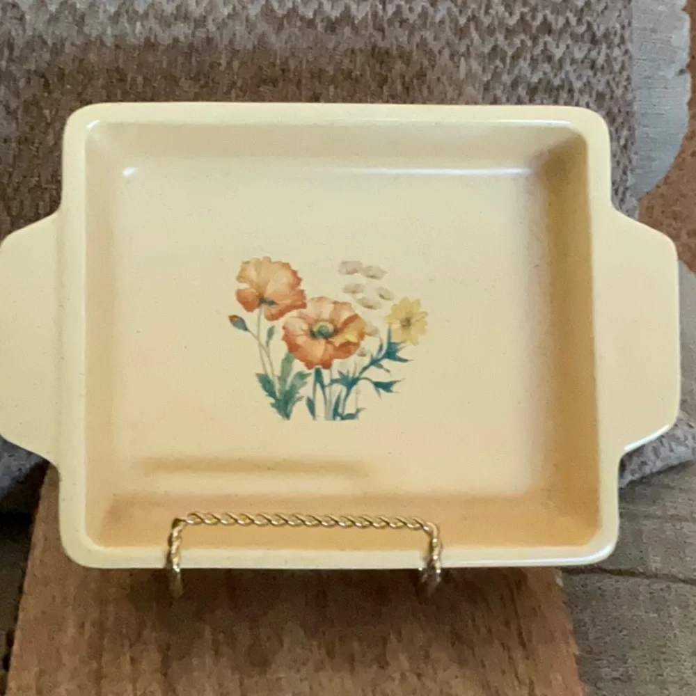 🌸3 for $18🌸 Vintage Treasure Craft bakeware speckled Orange with flowers - Picture 2 of 6